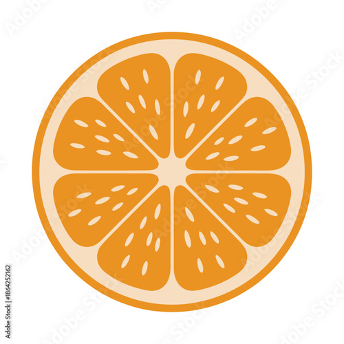flat color vector illustration of an orange slice cross section with visible seeds and segments isolated on a white background representing fresh tropical fruit