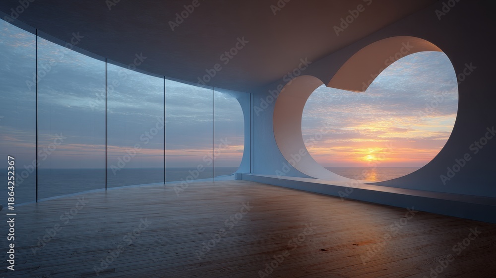 Fototapeta premium Minimalist empty room with a heart shaped window frame overlooking a beautiful sunset on the ocean horizon