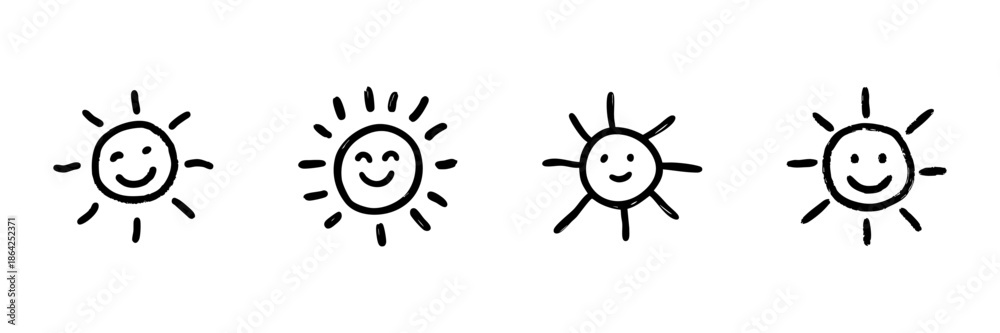 Obraz premium Smiling Sun Faces Line Icon Set In Doodle Style. Cheerful Weather, Happiness, And Positivity Symbols Outline Sketch Collection. Hand Drawn Isolated Vector Illustration