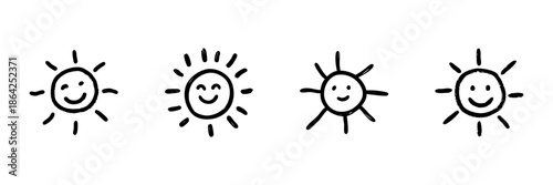 Smiling Sun Faces Line Icon Set In Doodle Style. Cheerful Weather, Happiness, And Positivity Symbols Outline Sketch Collection. Hand Drawn Isolated Vector Illustration