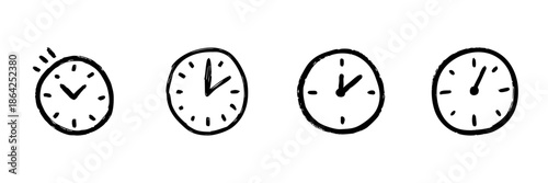 Hand-Drawn Clock Faces Line Icon Set In Doodle Style. Time Management, Scheduling, And Punctuality Outline Sketch Collection. Hand Drawn Isolated Vector Illustration