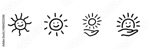 Smiling Sun And Hand Line Icon Set In Doodle Style. Happiness, Positivity, And Care Symbol Outline Sketch Collection. Uplifting And Supportive Imagery. Hand Drawn Isolated Vector Illustration