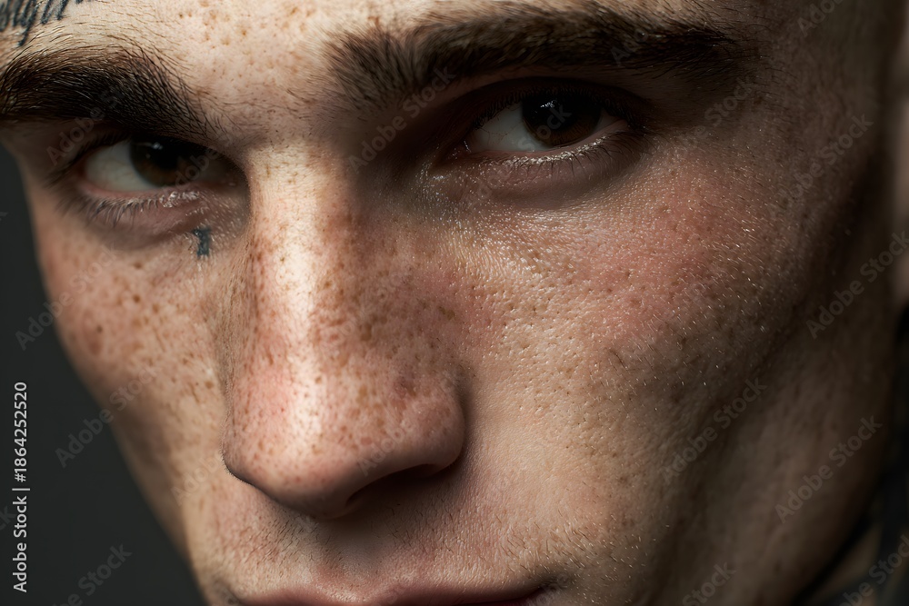 Fototapeta premium Strikingly detailed ultra-realistic portrait of a young man with freckles and tattoos, showcasing intense expression and captivating gaze in a dramatic lighting setup