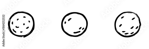 Three Cookies Line Icon Set In Doodle Style. Sweet Treats, Baking, And Dessert Illustration Outline Sketch Collection. Hand Drawn Isolated Vector Illustration