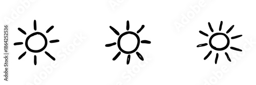 Three Sun Icons In Doodle Style. Weather, Sunshine, And Brightness Symbols Outline Sketch Collection. Hand Drawn Isolated Vector Illustration