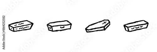 Coffin And Casket Line Icon Set In Doodle Style. Funeral, Burial, And Death Symbolism Outline Sketch Collection. Mortuary And Memorial Service Representation. Hand Drawn Isolated Vector Illustration