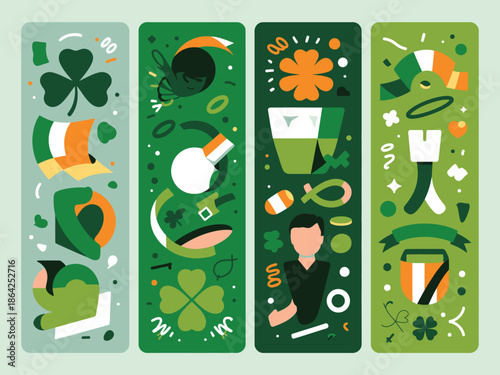 Four vibrant vertical banners showcase diverse Irish cultural elements including shamrocks, flags, harps, and various green shapes