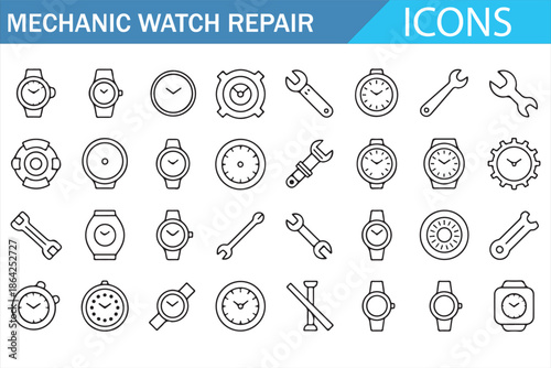 Horology and wristwatch repair vector icons set with tools and time adjustment symbols