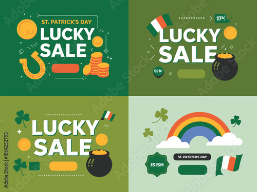 Lively St Patricks Day Lucky Sale graphics feature gold coins horseshoes rainbows and pots of gold