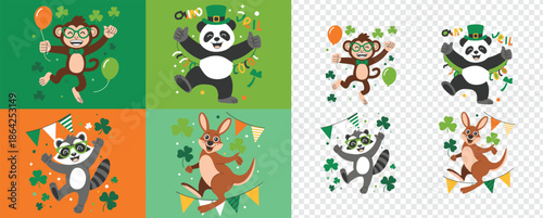 Playful St Patricks Day animals including a monkey, panda, raccoon, and kangaroo celebrating happily
