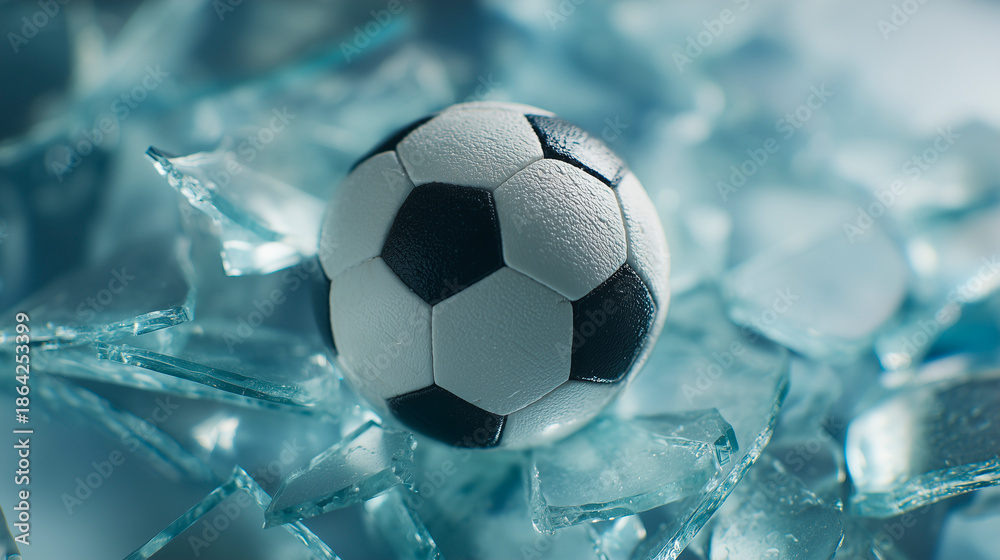 Naklejka premium Soccer ball on broken blue glass in the foreground, concept of fragility and pressure