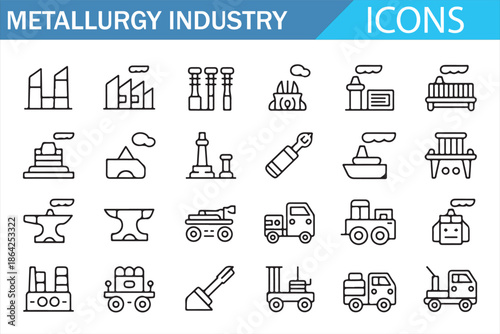 Metal production and metallurgy industry outline icons for manufacturing and heavy industry design