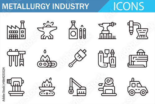 Industrial metallurgy icons collection featuring steel production, foundry tools and factory machinery