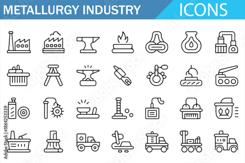 Metallurgy industry line icons set including steel production, foundry equipment, factory machinery, mining transport, smelting process and heavy industrial manufacturing symbols