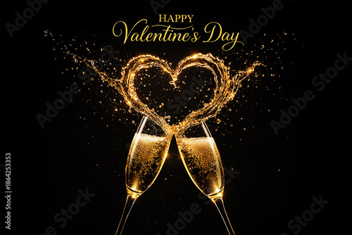 Luxury Happy Valentine's Day Greeting with Golden Champagne Bubbles and Heart Shape Splash