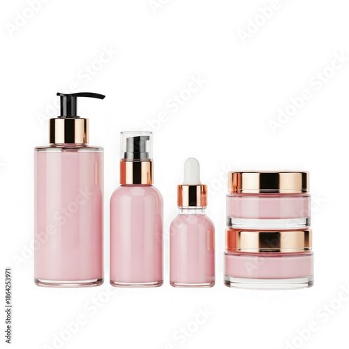 Elegant skincare set with pink and rose gold accents isolated on transparent background