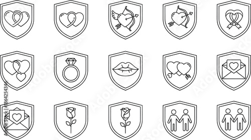 Collection of various relationship and love icons on shields