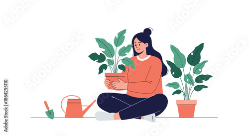 A calm young woman sitting on the floor surrounded by her collection of beautiful green potted houseplants and gardening tools.