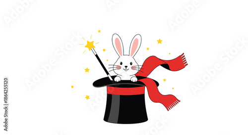 A cute white rabbit pops out of a magician's black top hat holding a sparkling magic wand for a magic show.