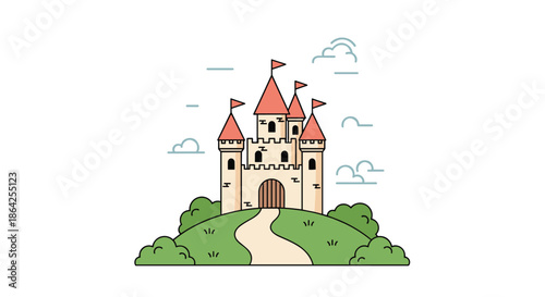 A simple and charming cartoon illustration of a medieval fairytale castle with red turrets sitting on a green hill.