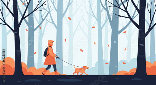 A person wearing a bright orange coat walks their small dog on a leash through a misty and atmospheric autumn forest.