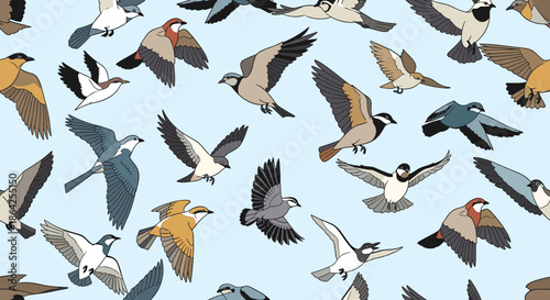 A seamless pattern of many different species of birds in full flight against a bright light blue sky background.