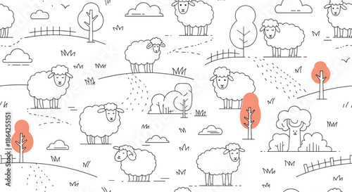 A charming and simple seamless pattern of cute cartoon sheep in a field drawn in a clean black outline style.