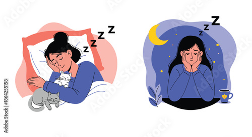 A comparison illustration showing a woman sleeping peacefully and another woman suffering from insomnia and sleep deprivation at night.