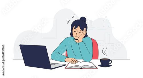 A tired and stressed young woman experiencing burnout while sitting at her desk with a laptop and a book for work.
