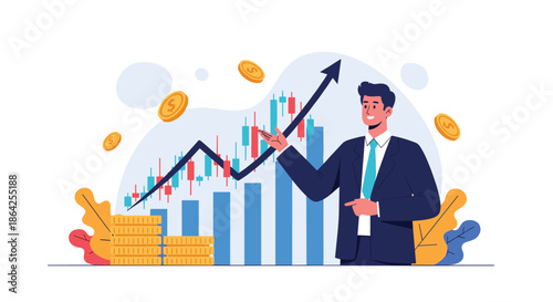 A successful businessman points at a rising stock market candlestick chart symbolizing financial growth investment and trading success.