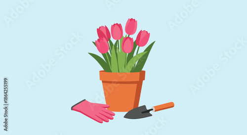A vibrant pot of pink tulips is shown with gardening gloves and a trowel ready for spring planting on a blue background.