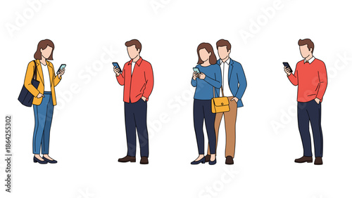 Four standing individuals, including a couple, are engrossed in their mobile devices, demonstrating the pervasive nature of smartphones and tablets in everyday social and personal interactions.