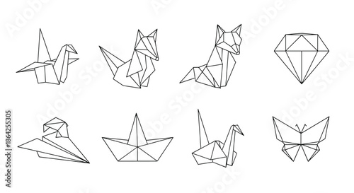 A set of black and white geometric origami figures including a crane fox boat and butterfly in a clean polygonal line art style.