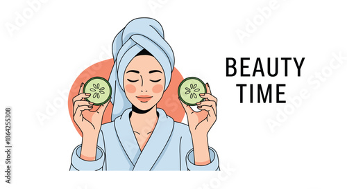 A relaxed woman in a bathrobe with a towel on her head holds cucumber slices for a facial during her beauty time routine.