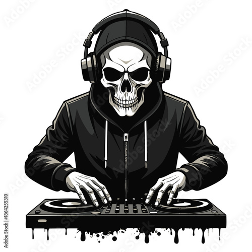 A skeleton wearing headphones and a hoodie djing on a turntable