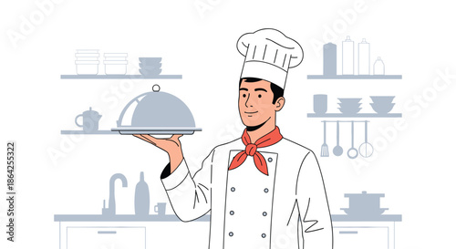 A professional male chef in a uniform and hat holding a silver cloche serving tray in a modern restaurant kitchen setting.