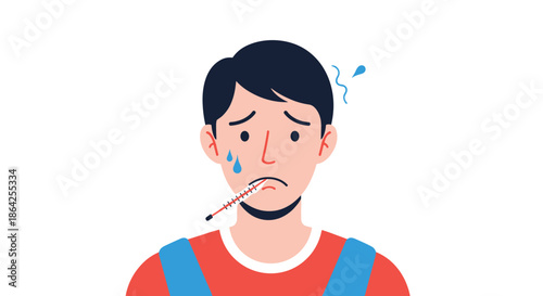 A young man feeling sick with a high fever and a thermometer in his mouth showing symptoms of a cold flu or other illness.