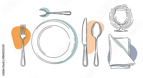 A table setting with a plate fork knife spoon napkin and glass in a simple hand-drawn sketch style with abstract color shapes.