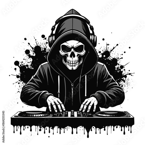 A skeleton wearing a hoodie and headphones djing on a turntable with a and black paint splatters