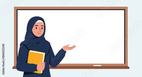 A Muslim female teacher wearing a hijab standing in front of a blank whiteboard while holding a book and gesturing to the class.
