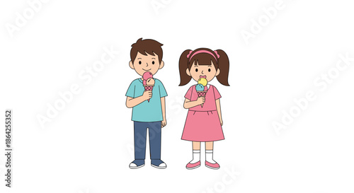 A cute cartoon illustration of a little boy and a little girl with pigtails happily standing and eating ice cream cones.