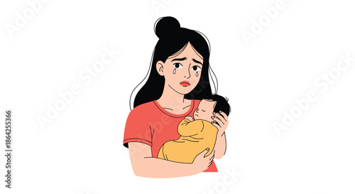 A sad young mother is crying while holding her sleeping newborn baby experiencing postpartum depression or anxiety after childbirth.