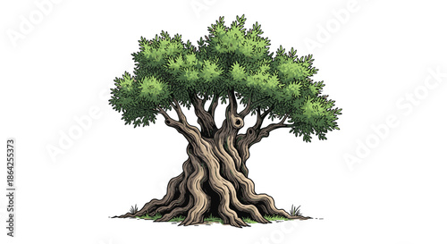 A detailed illustration of a very old and gnarled olive tree with a thick twisted trunk and a lush green canopy of leaves.