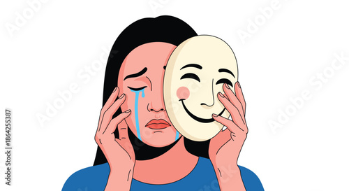 A crying woman hiding her true sad emotions behind a smiling mask representing depression anxiety or mental health issues.