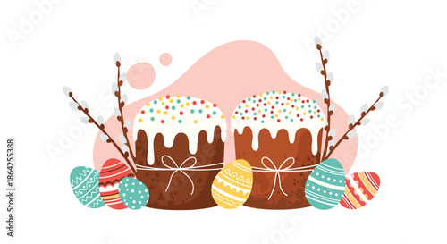 A traditional Easter celebration scene with two decorated Easter cakes colored eggs and willow branches on a pink background.