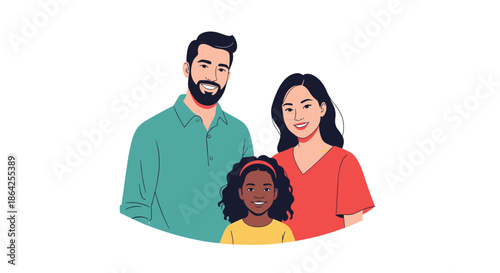 A happy and smiling multicultural family portrait with a white father an Asian mother and their adopted black daughter together.