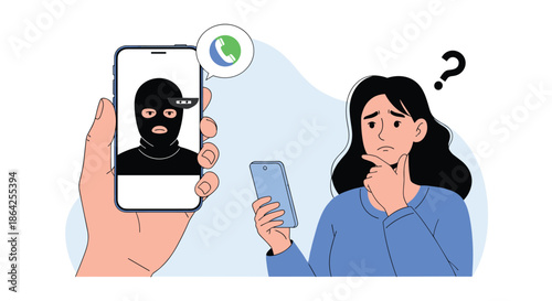 A confused woman receives a scam phone call from a hacker in a balaclava who is trying to commit fraud or steal her data.