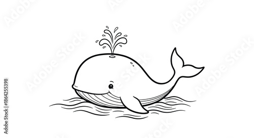 A simple black and white outline of a cute and happy whale spouting water from its blowhole for a children's coloring book.