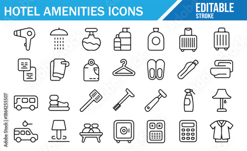 Hotel Room Supplies and Services Outline Icons.
