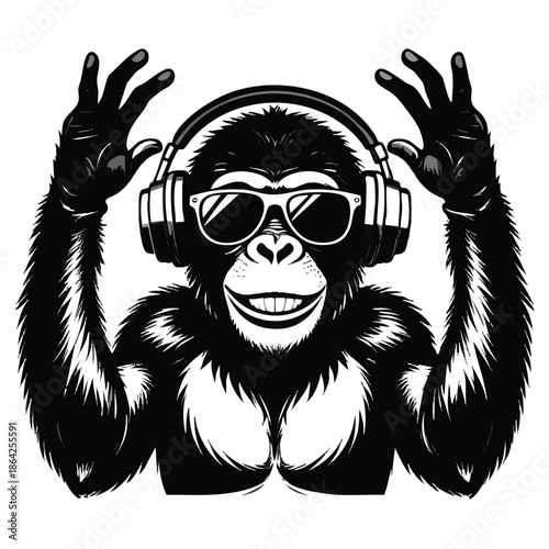 A cheerful gorilla wearing headphones and sunglasses dancing happily
